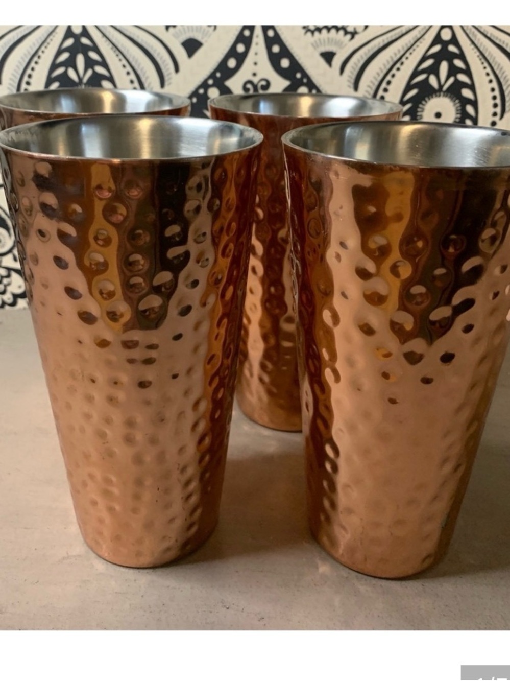 Hammered Copper and Stainless Steel Large Drinking Glasses.  Set of 4.  16 oz